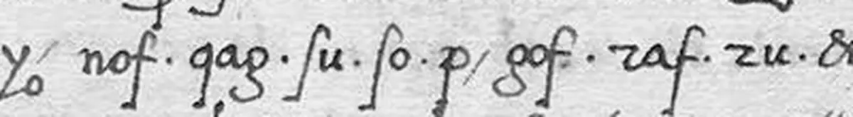 Part of the third of the six lines of cipher, enlarged: groups of ordinary letters, each closed by a dot, among them qag with a straight stem and gof with a looped tail. Ticks under the strip mark the q at the head of qag, the g at its foot, and the first letter of gof, labelled loop: g.