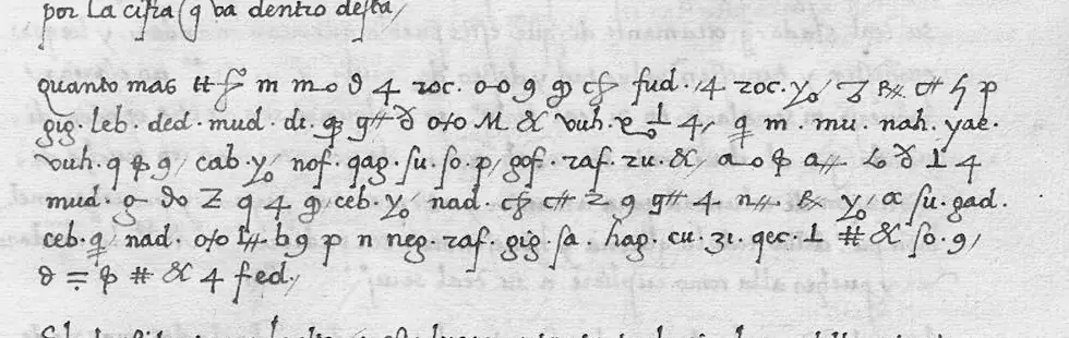 Six lines of cipher on the page, between lines of ordinary handwriting: drawn signs, and groups of two or three ordinary letters each followed by a dot. The first two words, quanto mas, are in ordinary letters. Three places in the first line are ringed and labelled: the two words written in clear, quanto mas; a sign for a, shaped like a 4; and the group fud., for remedio.