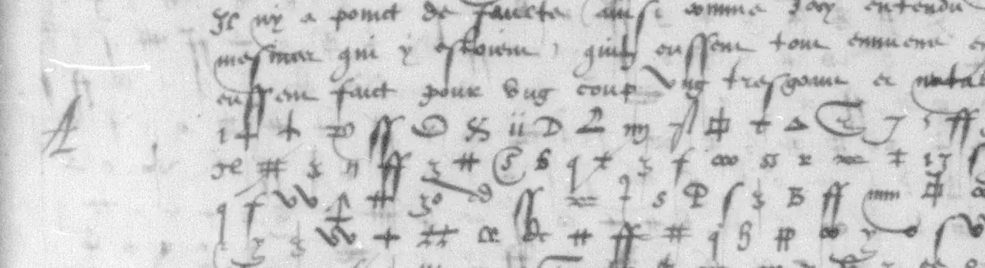 Three lines of ordinary handwriting and, below them, lines of cipher signs; a capital A in the left margin stands beside the first line of cipher.