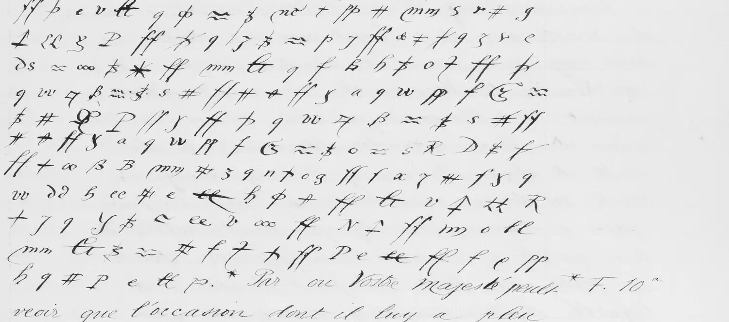 Lines of cipher signs drawn in a nineteenth-century hand, with ordinary French handwriting beginning on the last line.